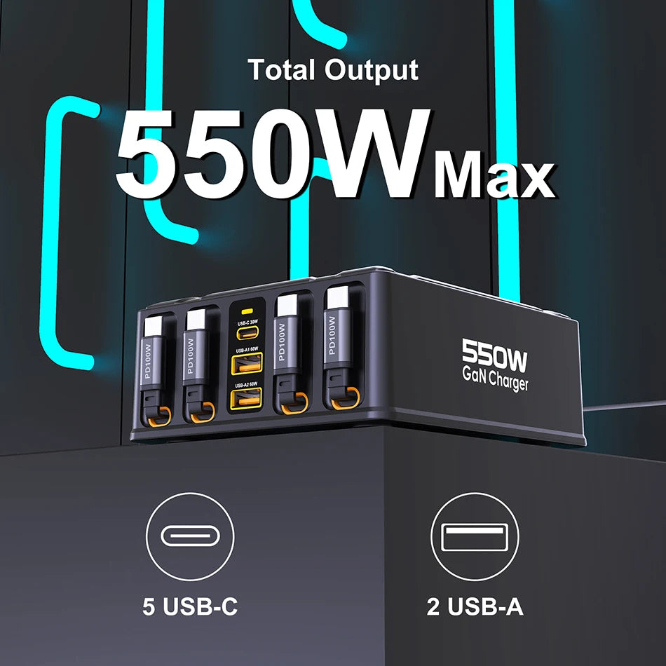 550W 7-in-1 GaN Fast Charging Station with 4 Built-in Retractable Cables