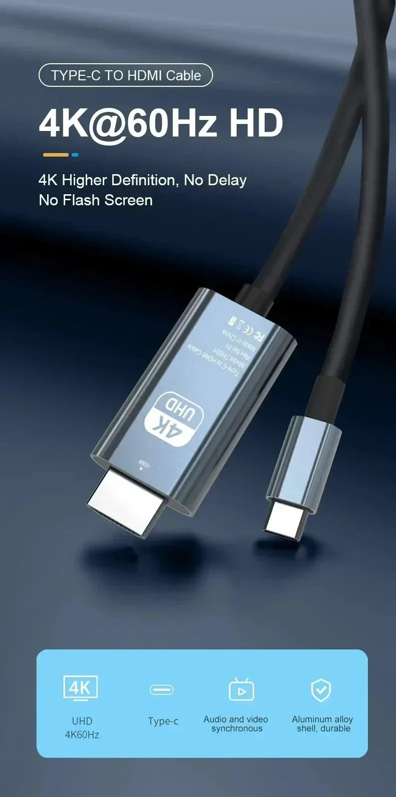 4K USB-C to HDMI Adapter Cable for Laptop, Phone & Tablet Screen Mirroring