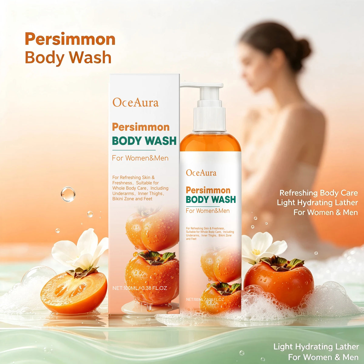 Natural Persimmon Body Wash - Odor Eliminating Deodorizing Shower Gel for All Skin