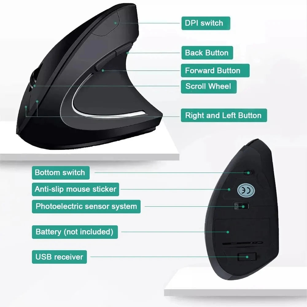 Wireless Ergonomic Vertical Mouse - 2.4GHz Optical Mouse with 3 Adjustable DPI - 4