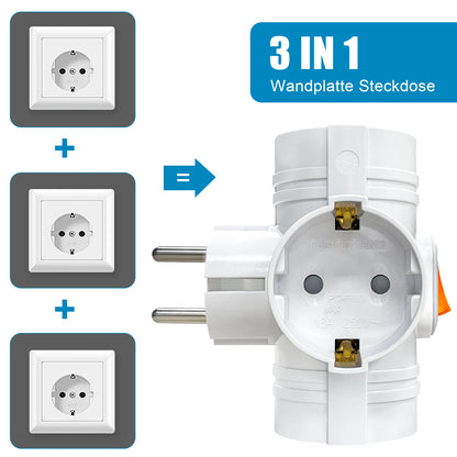 3-Way EU Plug Adapter - 250V 16A Power Socket Extender for Home & Travel