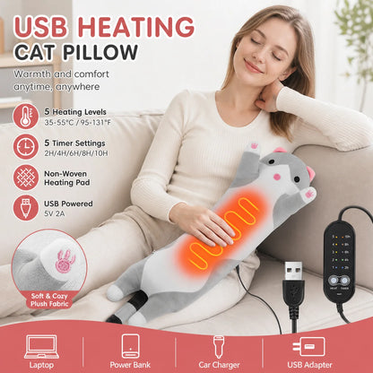 USB Heated Cat Plush Pillow - Adjustable Warming Cushion for Comfort and Pain Relief