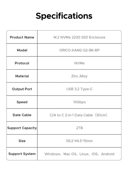 M.2 NVMe SSD Enclosure 2230 - 10Gbps Portable External USB-C Case