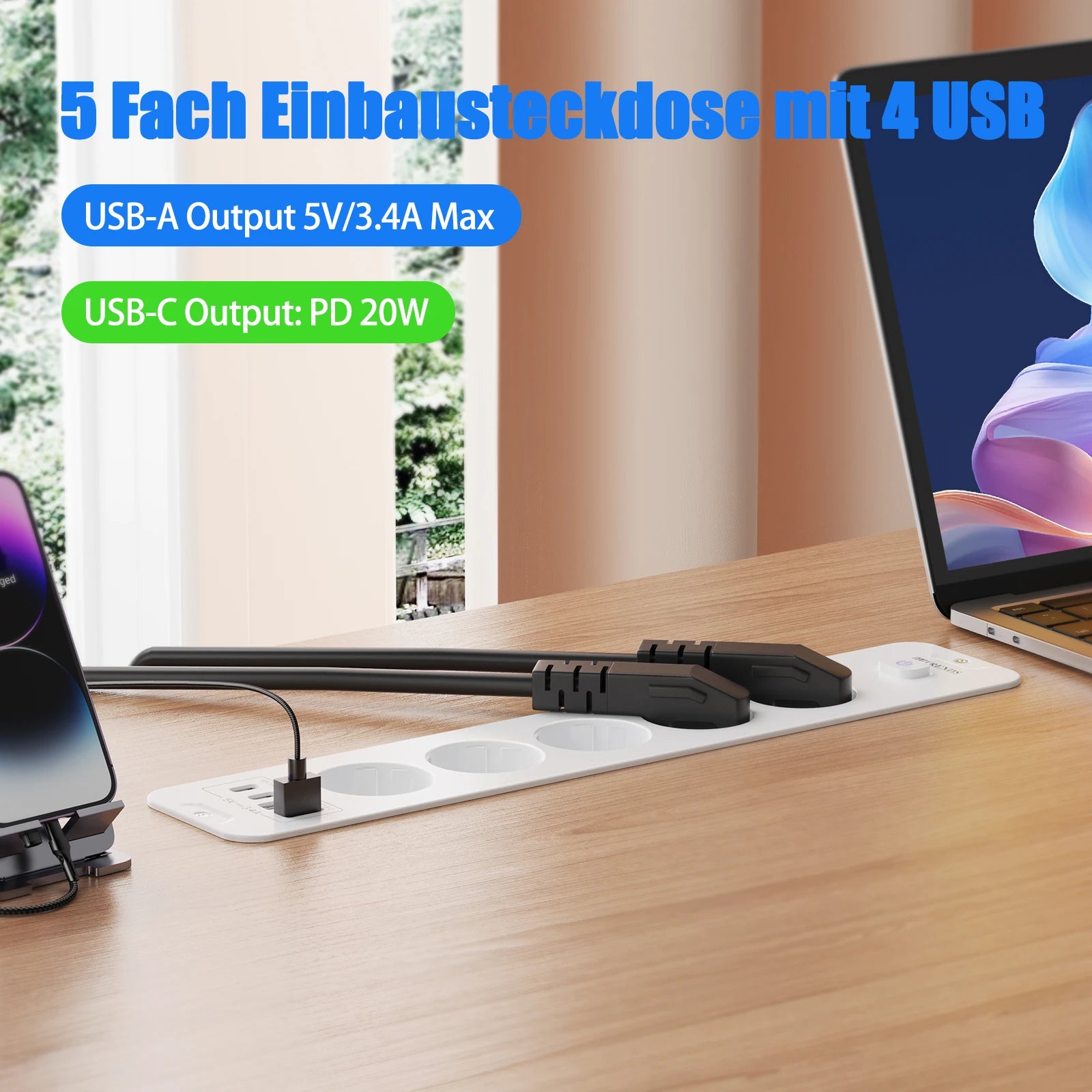 10-in-1 Recessed Power Strip with 20W USB-C PD & Fast Charging Wall Socket - 3