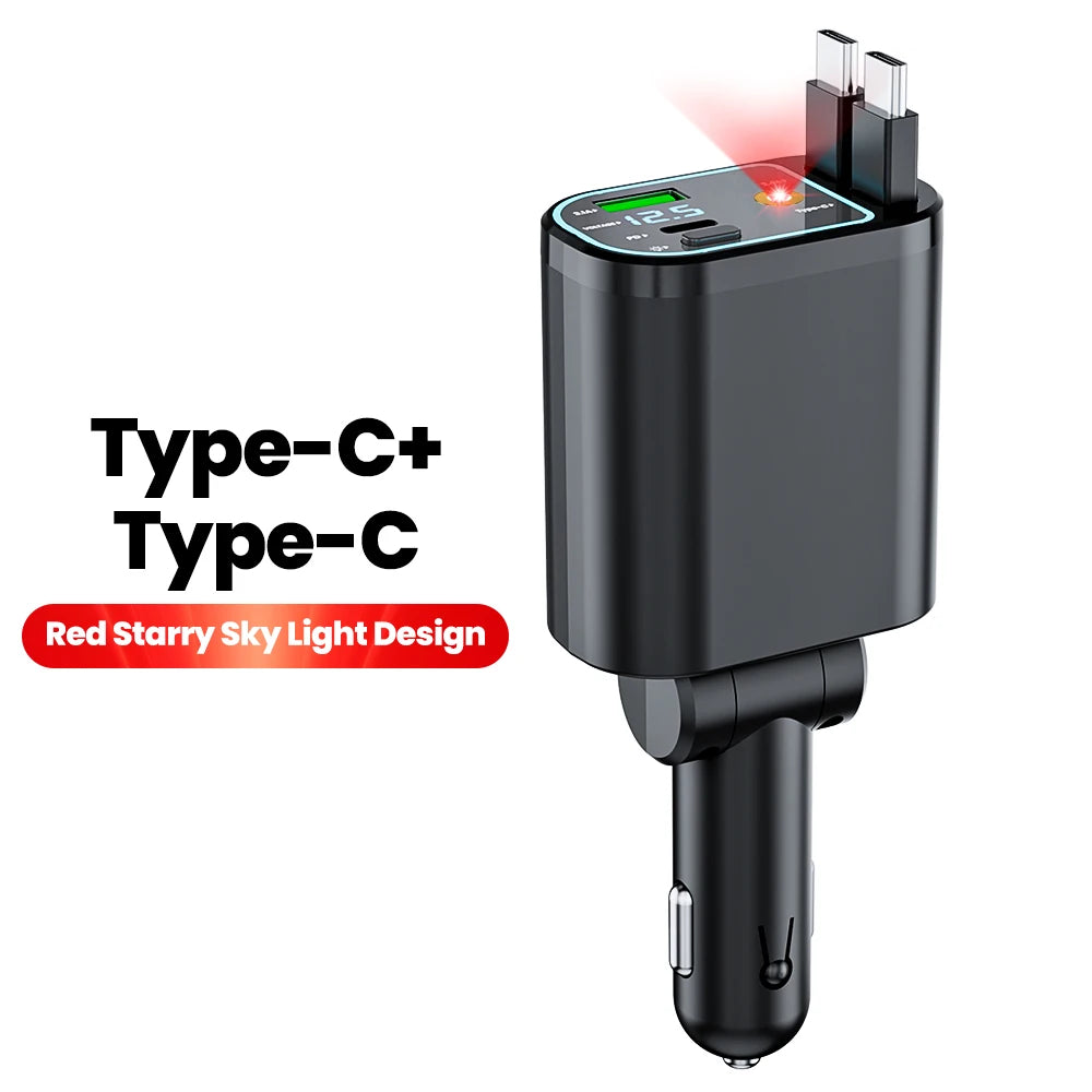 4-in-1 Retractable 100W Fast Car Charger with LED Starlight & Display