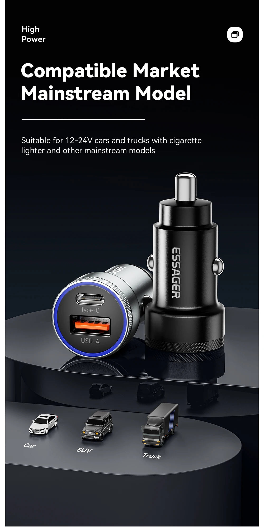 Essager 54W Dual Port Fast Car Charger - USB-C & USB-A PD/QC 3.0 Adapter - 15