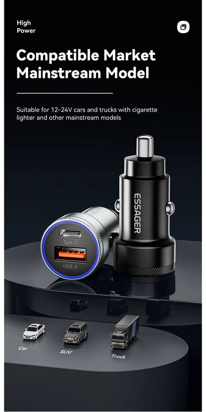 Essager 54W Dual Port Fast Car Charger - USB-C & USB-A PD/QC 3.0 Adapter
