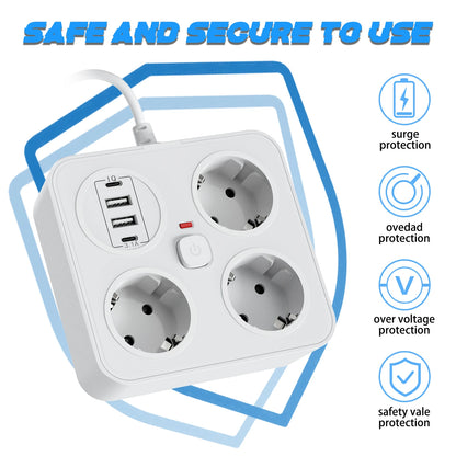 7-in-1 European Power Strip with 4 USB Ports & Surge Protection