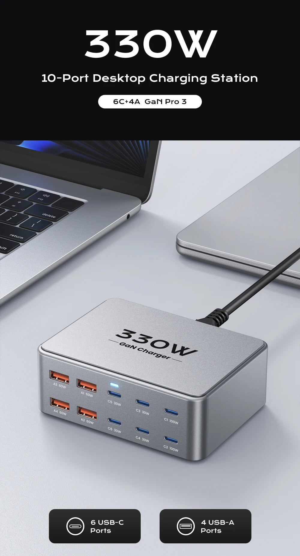 330W 10-Port GaN Fast Charging Station for Laptops, Smartphones & Tablets - 7