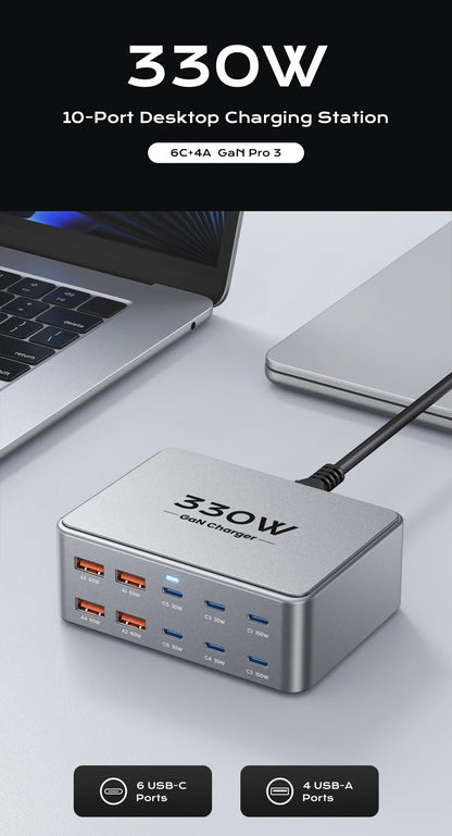 330W 10-Port GaN Fast Charging Station for Laptops, Phones & Tablets