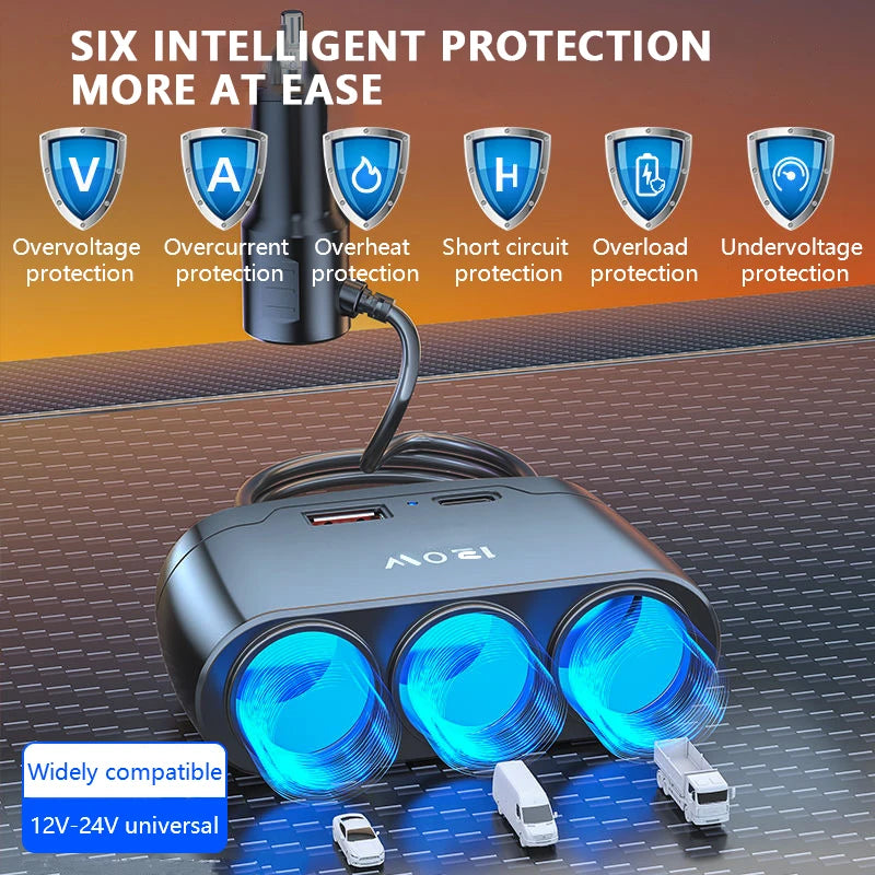 120W 3-Way Car Cigarette Lighter Splitter with USB & PD Fast Charging - 6