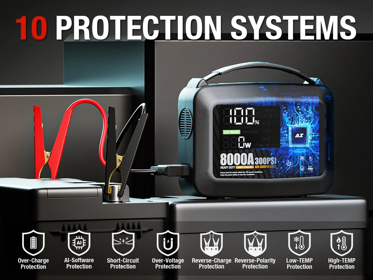 8000A Portable Car Jump Starter with Built-in Tire Air Compressor
