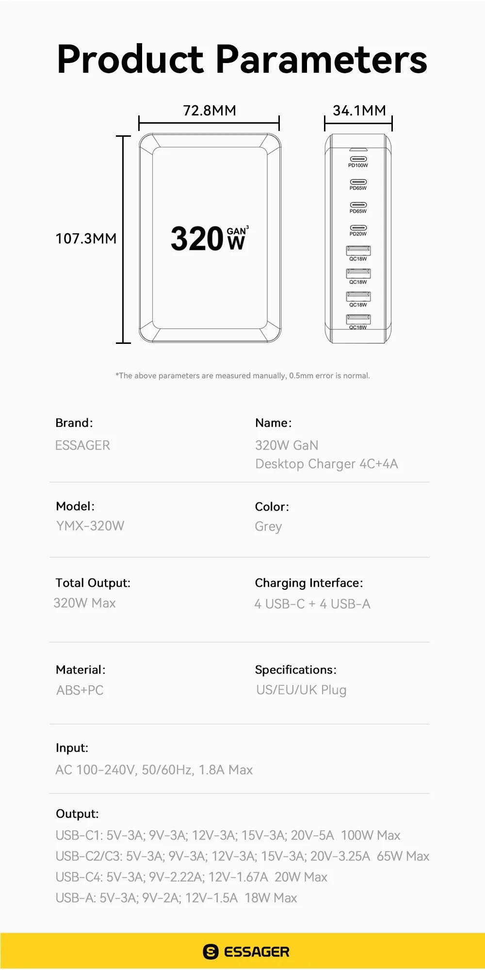 320W 8-Port GaN Desktop Charging Station - 100W PD Fast Charger for All Devices - 20