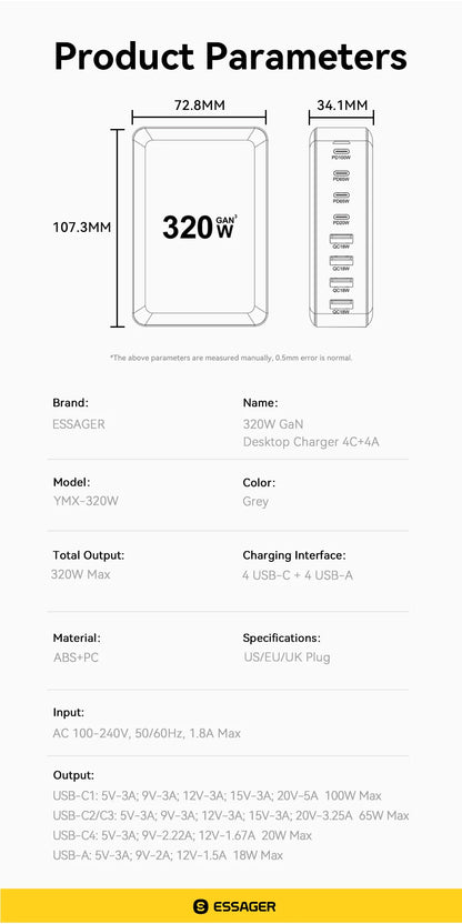 320W 8-Port GaN Desktop Charging Station - 100W PD Fast Charger for All Devices