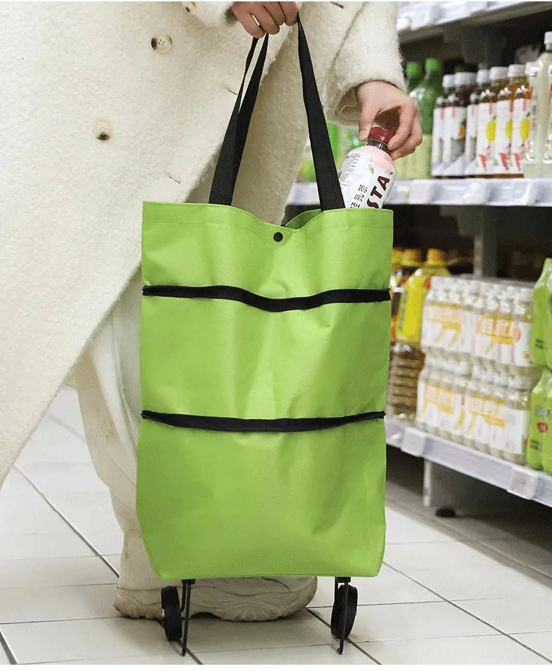 2-in-1 Foldable Shopping Bag with Wheels Pull Cart