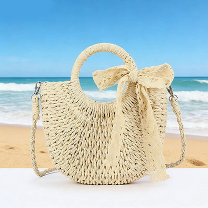 Luxury Lace Bow Straw Bag