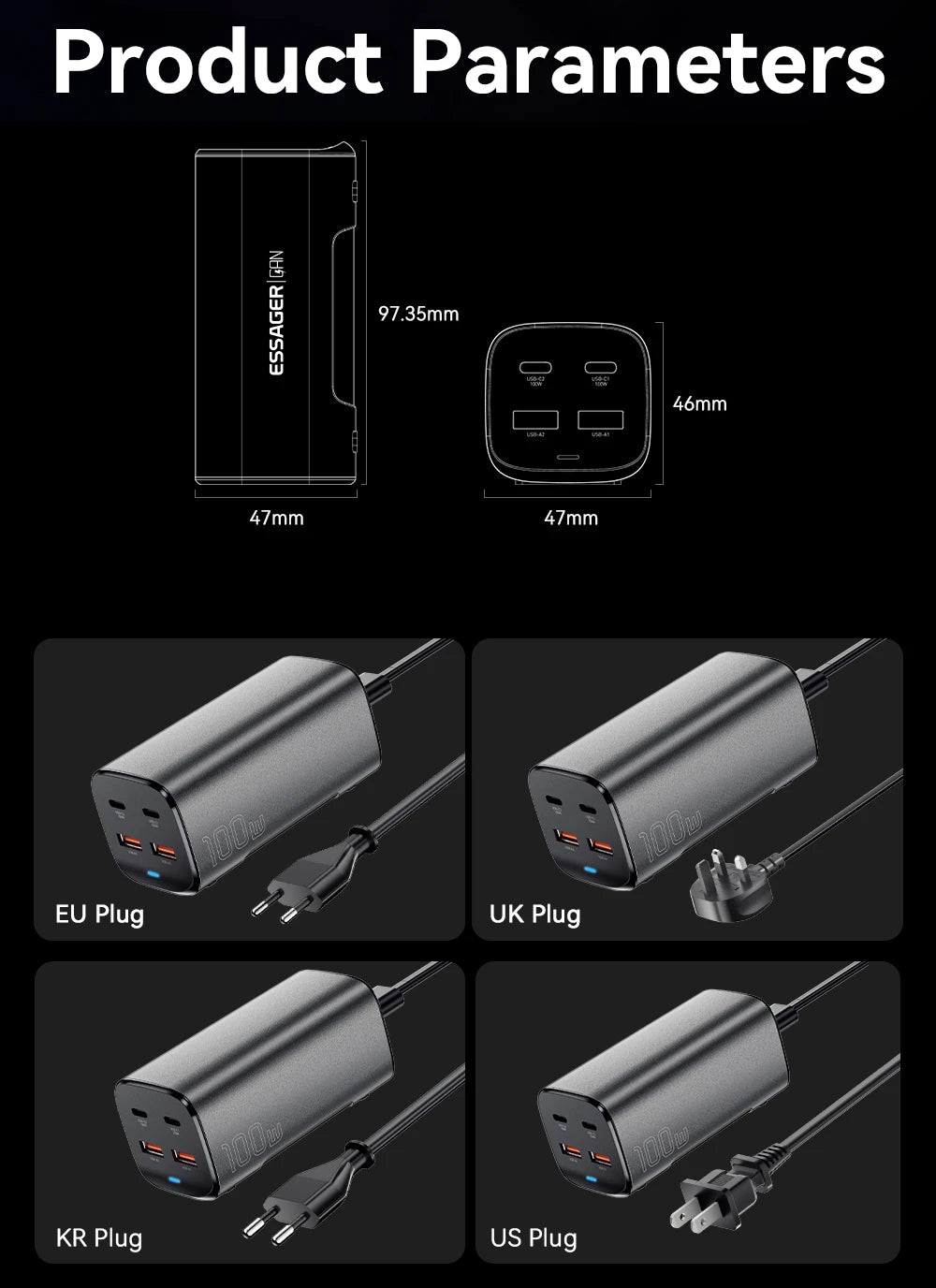 100W GaN Desktop Fast Charger - 4-Port USB-C PD Charging Station - 20