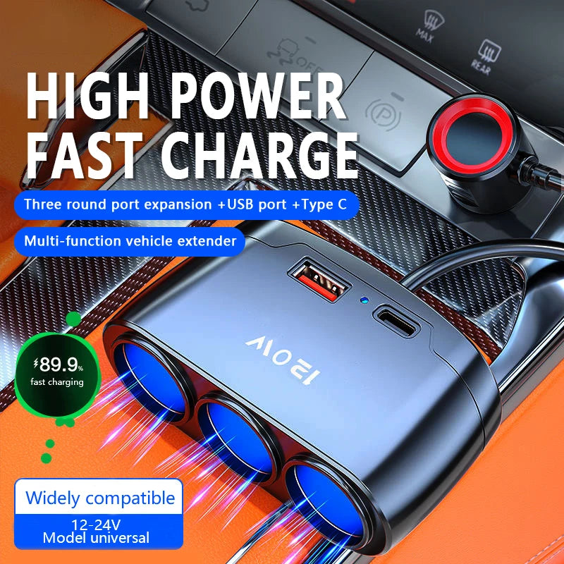 120W 3-Way Car Cigarette Lighter Splitter with USB & PD Fast Charging