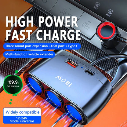 120W 3-Way Car Cigarette Lighter Splitter with USB & PD Fast Charging