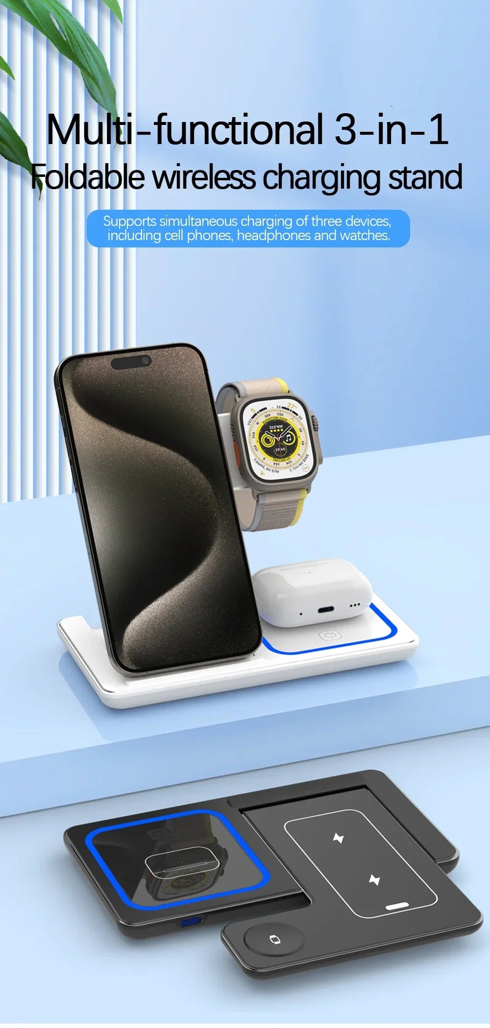 3-in-1 Foldable Wireless Charging Station for iPhone, Apple Watch & AirPods