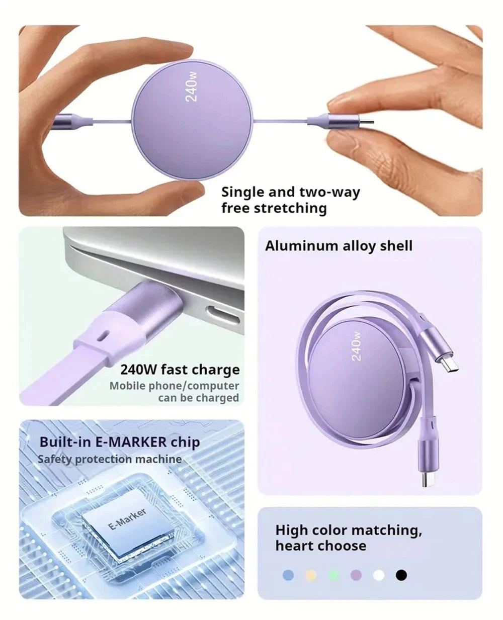 240W Retractable USB-C to USB-C Fast Charging & Data Cable