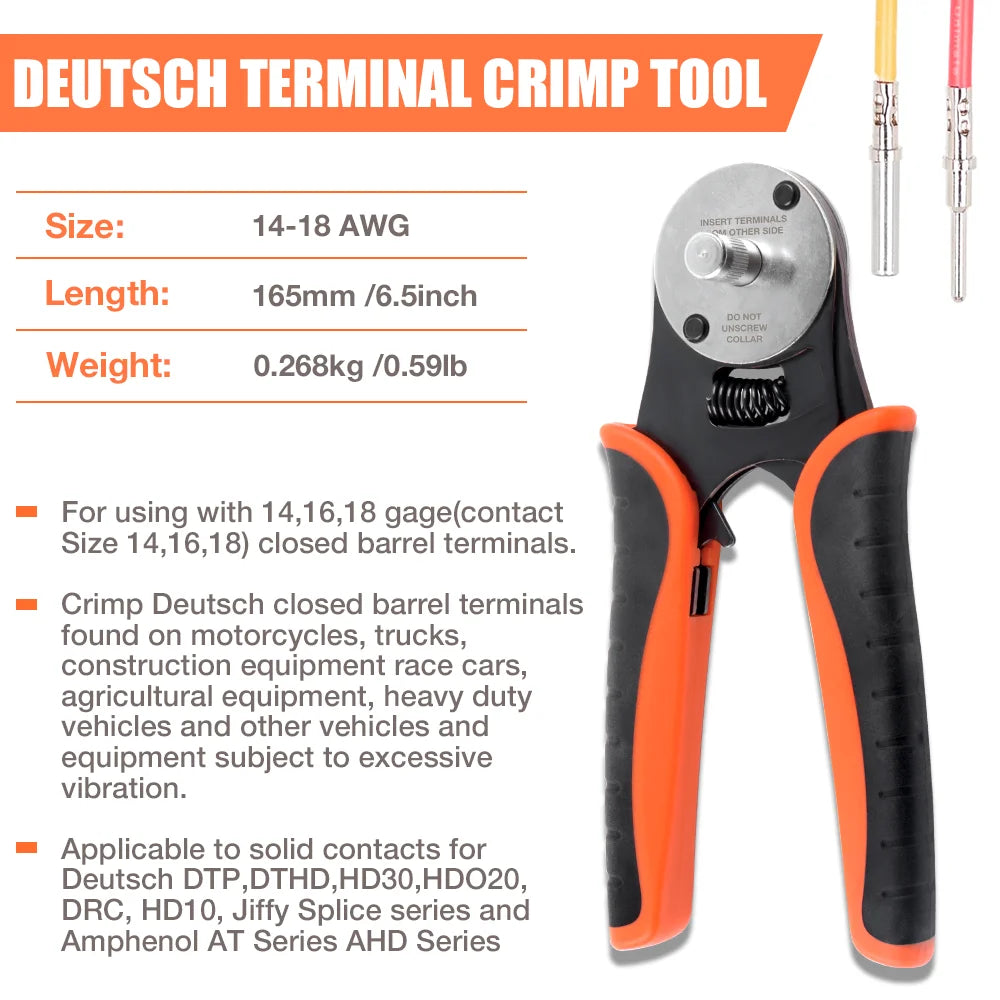 Deutsch Closed Barrel Crimp Tool - 4-Way Indent Crimper for 14/16/18 AWG Solid Contacts - 7