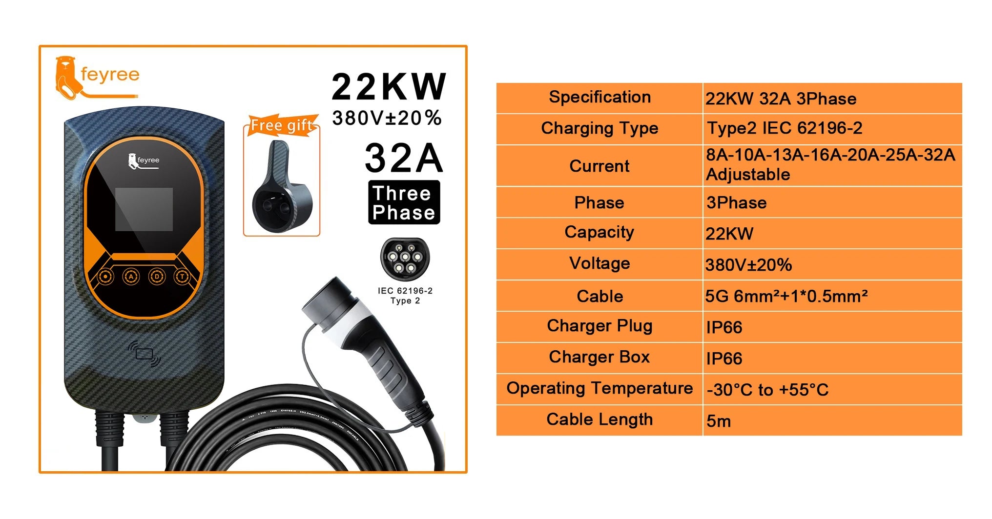 Electric Vehicle Wallbox Charger - Adjustable 7.6kW-22kW EV Charging Station - 7