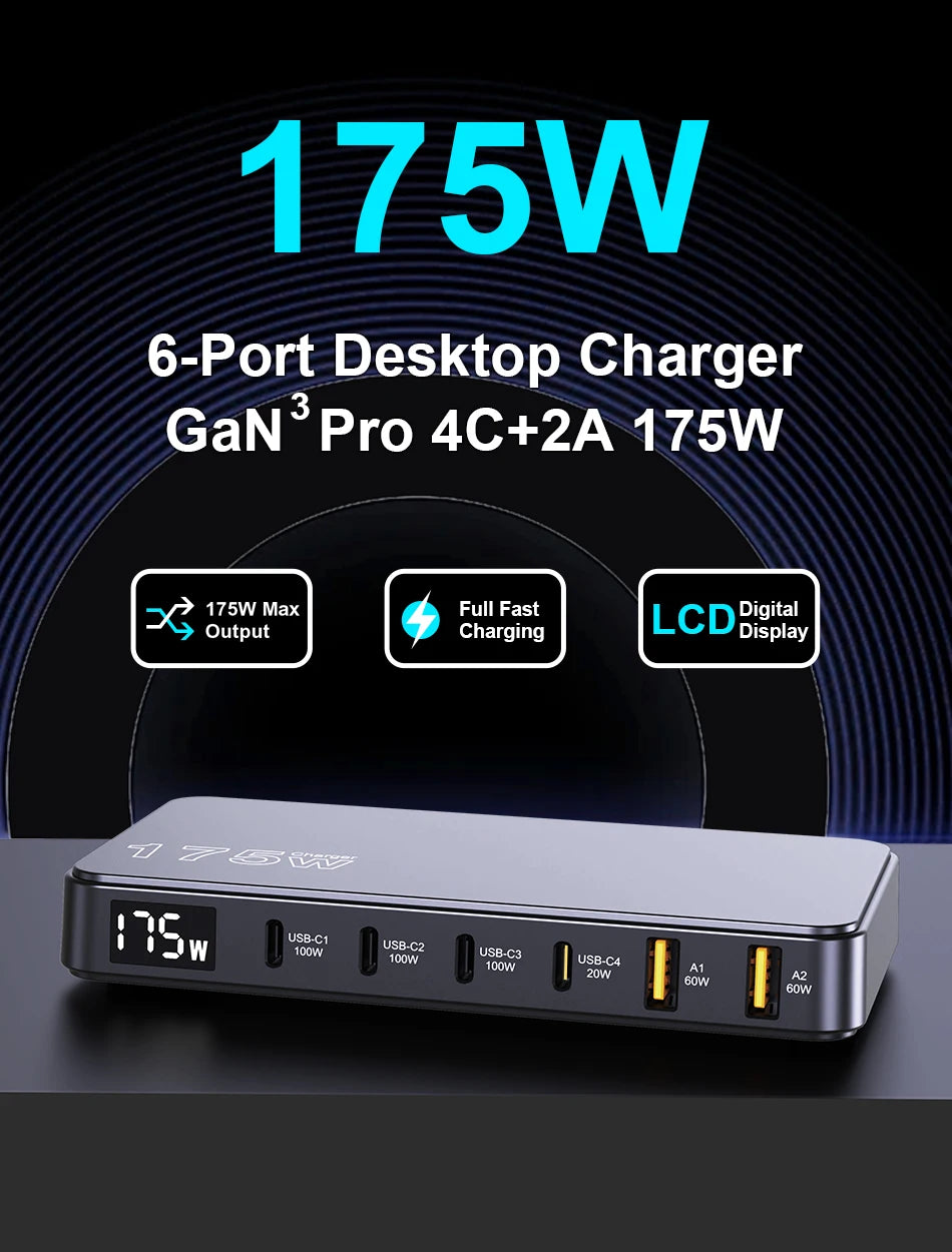 175W GaN USB-C Desktop Charger - 6-Port Fast Charging Station with LCD - 7