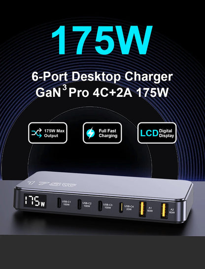 175W GaN 6-Port USB-C Desktop Fast Charger with LED Digital Display
