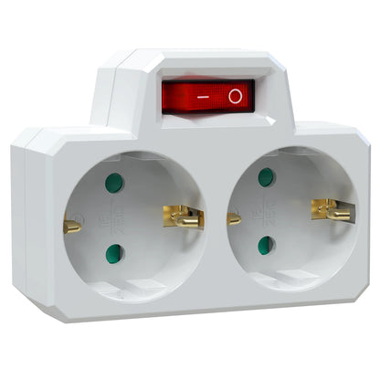 German Standard 2-Way Wall Socket Adapter with On/Off Switch & Surge Protection