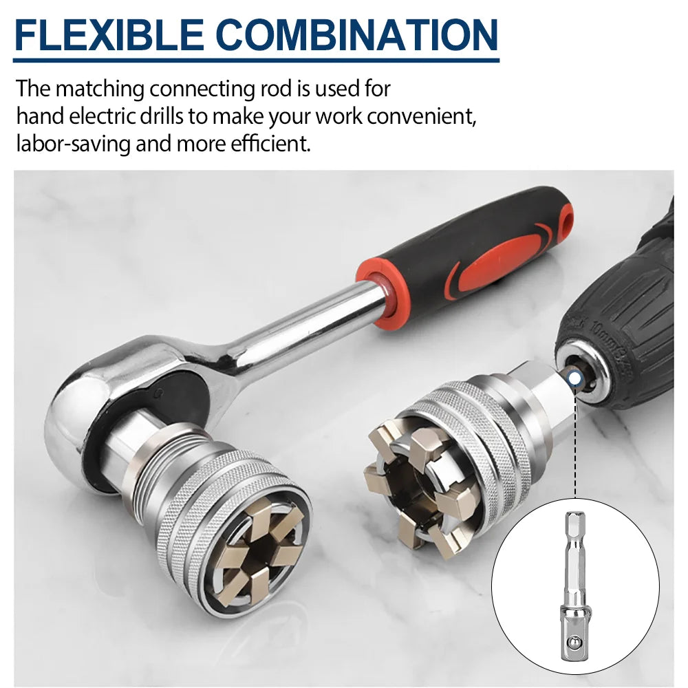3-Piece Universal Socket Wrench & Adjustable Hex Sleeve Multi-Drill Attachment Set - 10