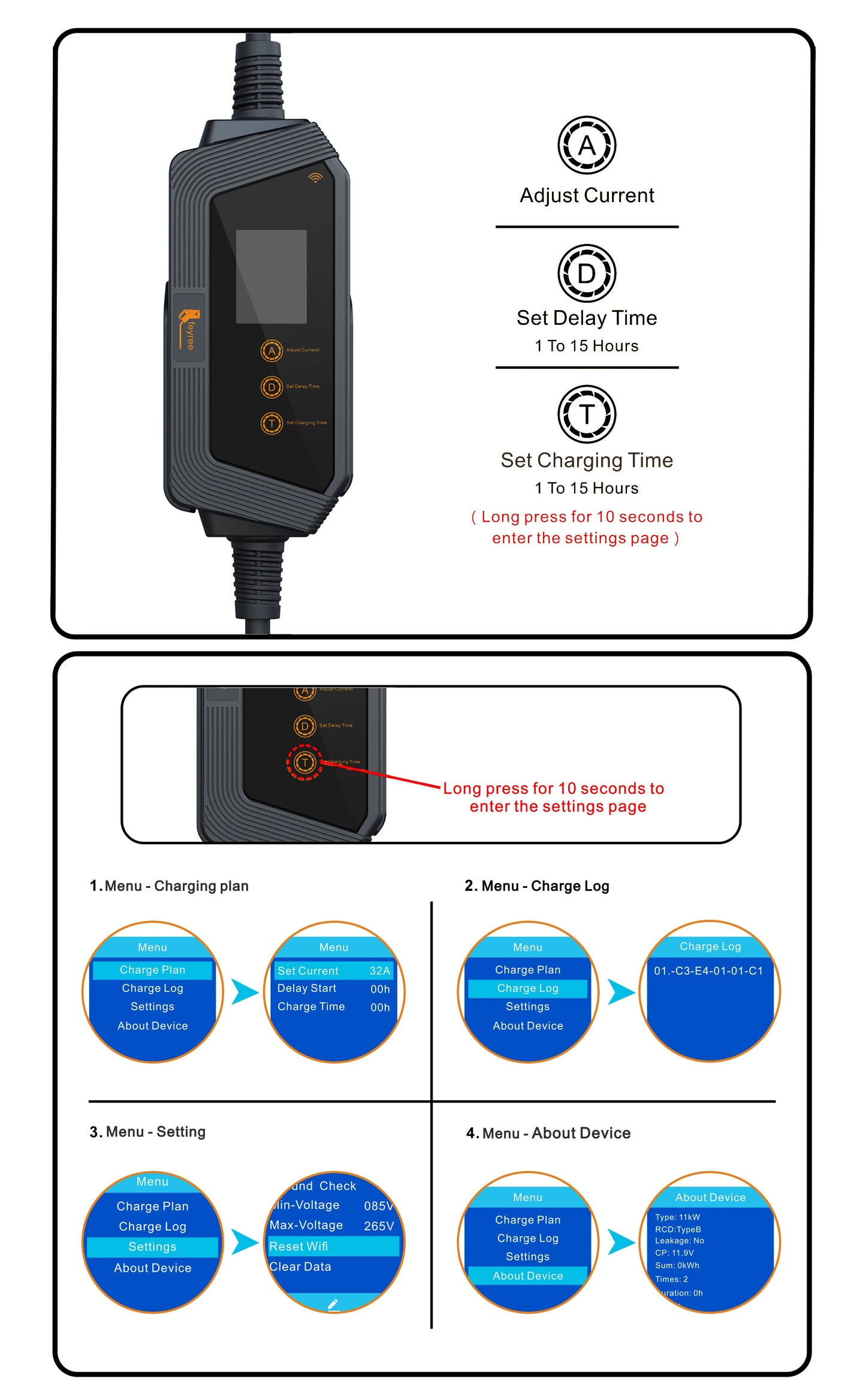 22KW 3-Phase Portable Type 2 EV Charger with App Control & Wi-Fi