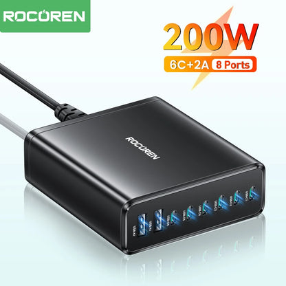 200W 8-Port USB-C Desktop Fast Charging Station for Laptops & Phones
