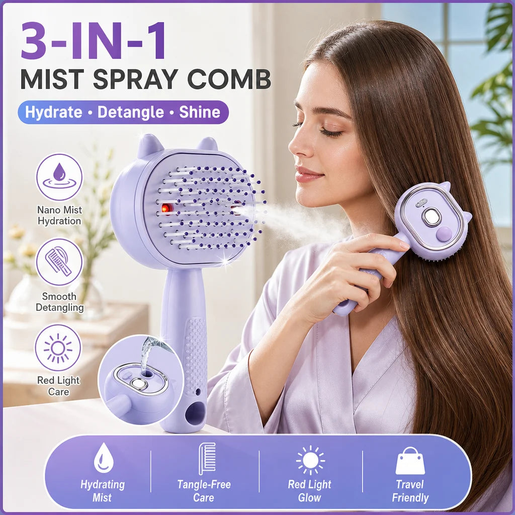 Electric Mist Spray Massage Hair Comb with Red Light Therapy & Detangler