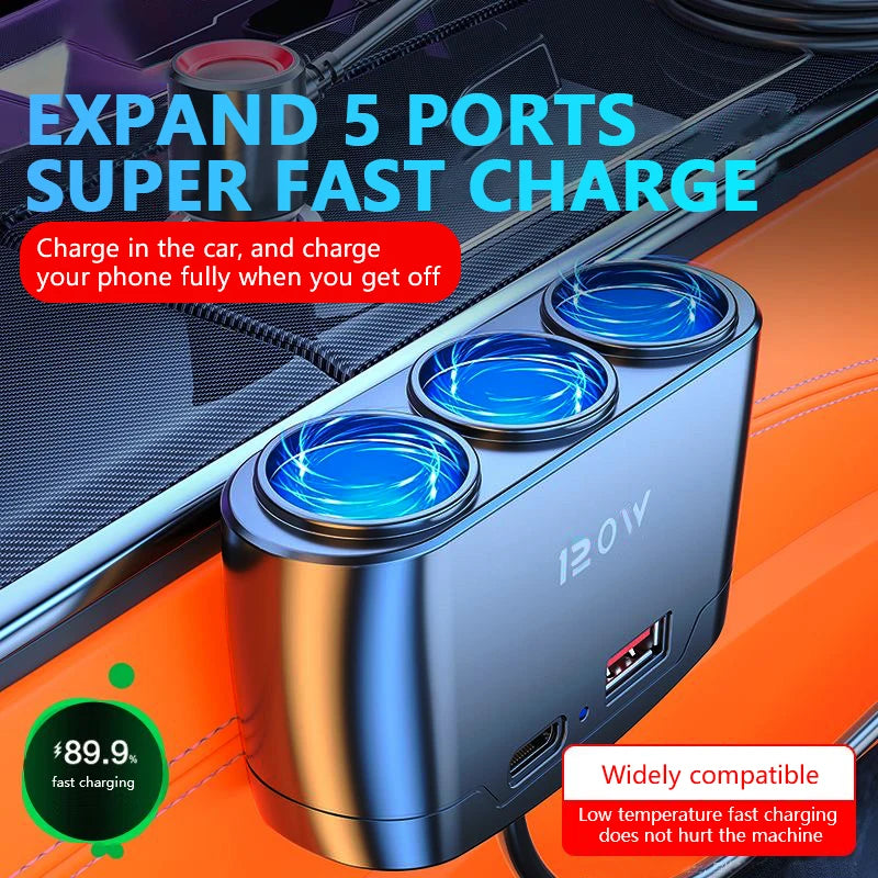 120W 3-Way Car Cigarette Lighter Splitter with USB & PD Fast Charging - 8