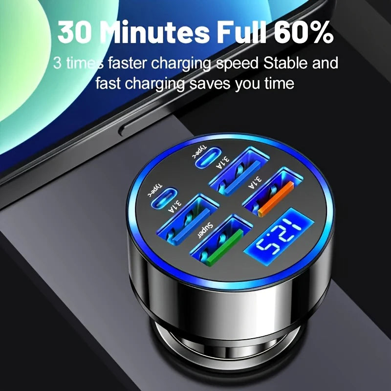 350W Fast Car Charger - 6-Port USB-C PD & QC3.0 Adapter with LED Display - 2