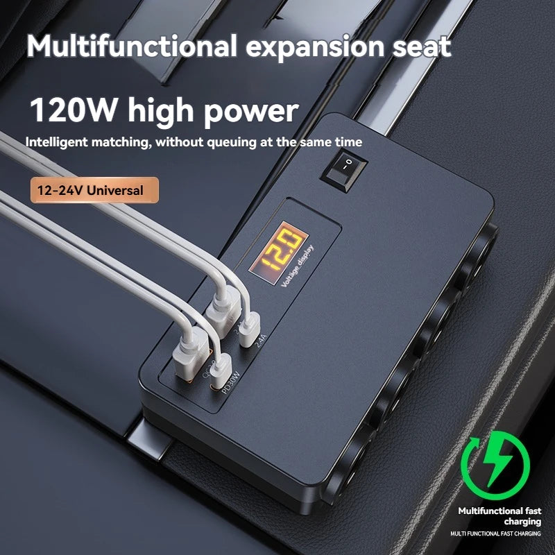 120W 4-Port Fast Car Charger Adapter - QC3.0 PD USB Type-C Auto Power Outlet - 3
