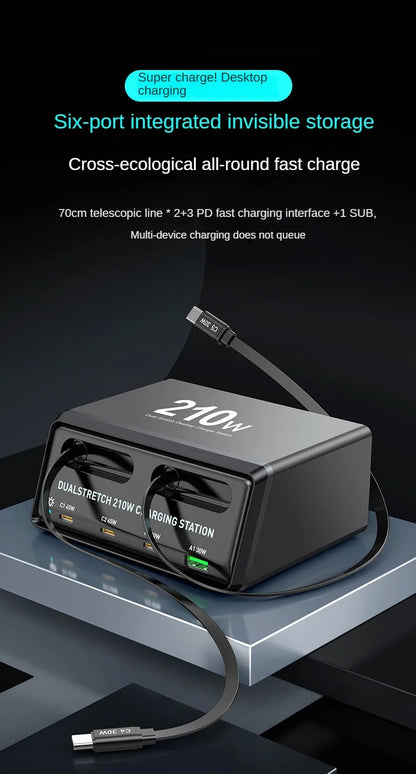 6-in-1 Retractable Fast Charging Station 210W USB-C Desktop Power Hub