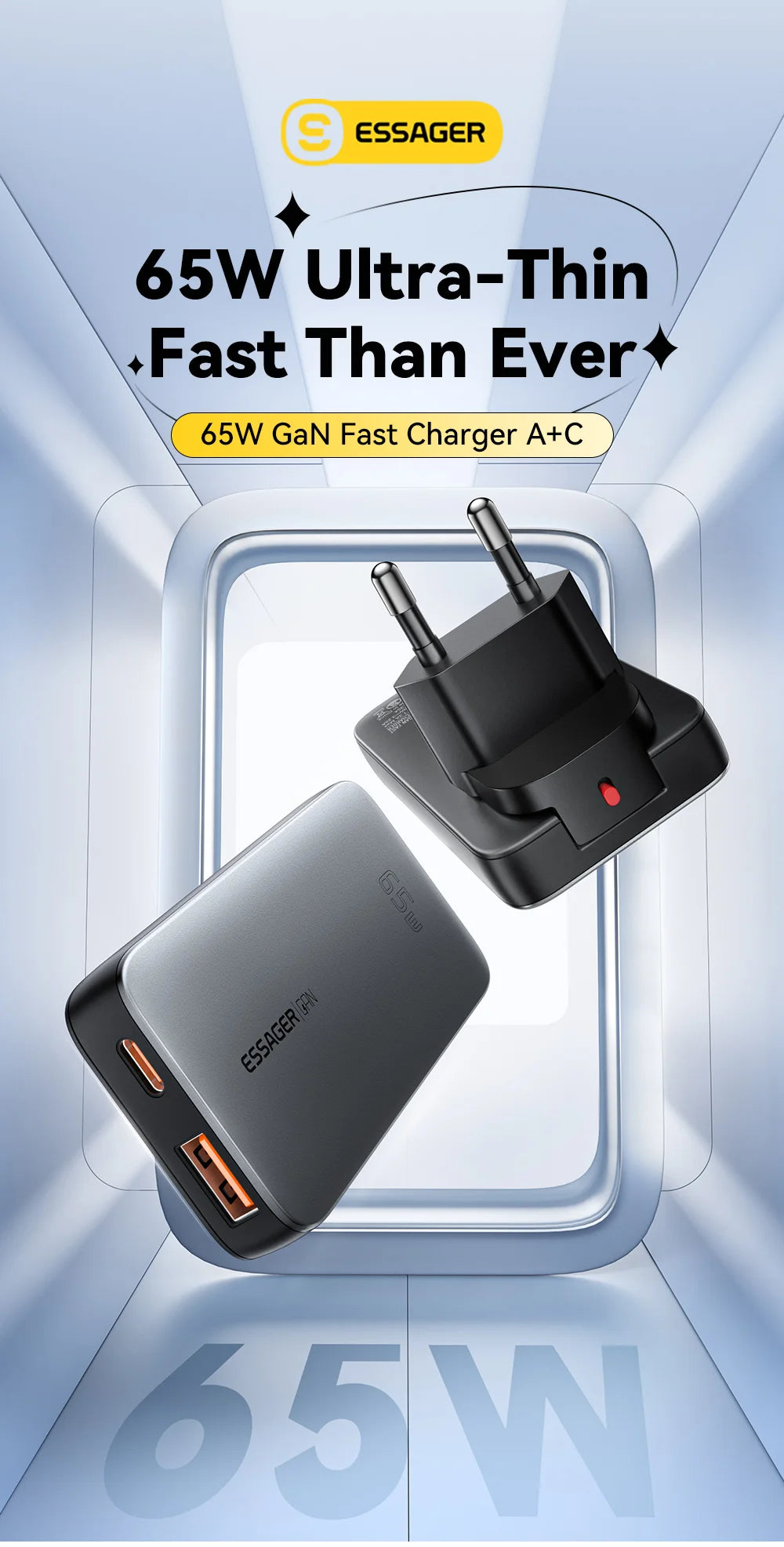 65W Ultra-Thin GaN Fast Travel Charger - PD 3.0 Dual-Port Wall Adapter