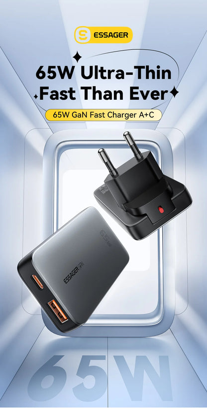 65W Ultra-Thin GaN Fast Travel Charger - PD 3.0 Dual-Port Wall Adapter