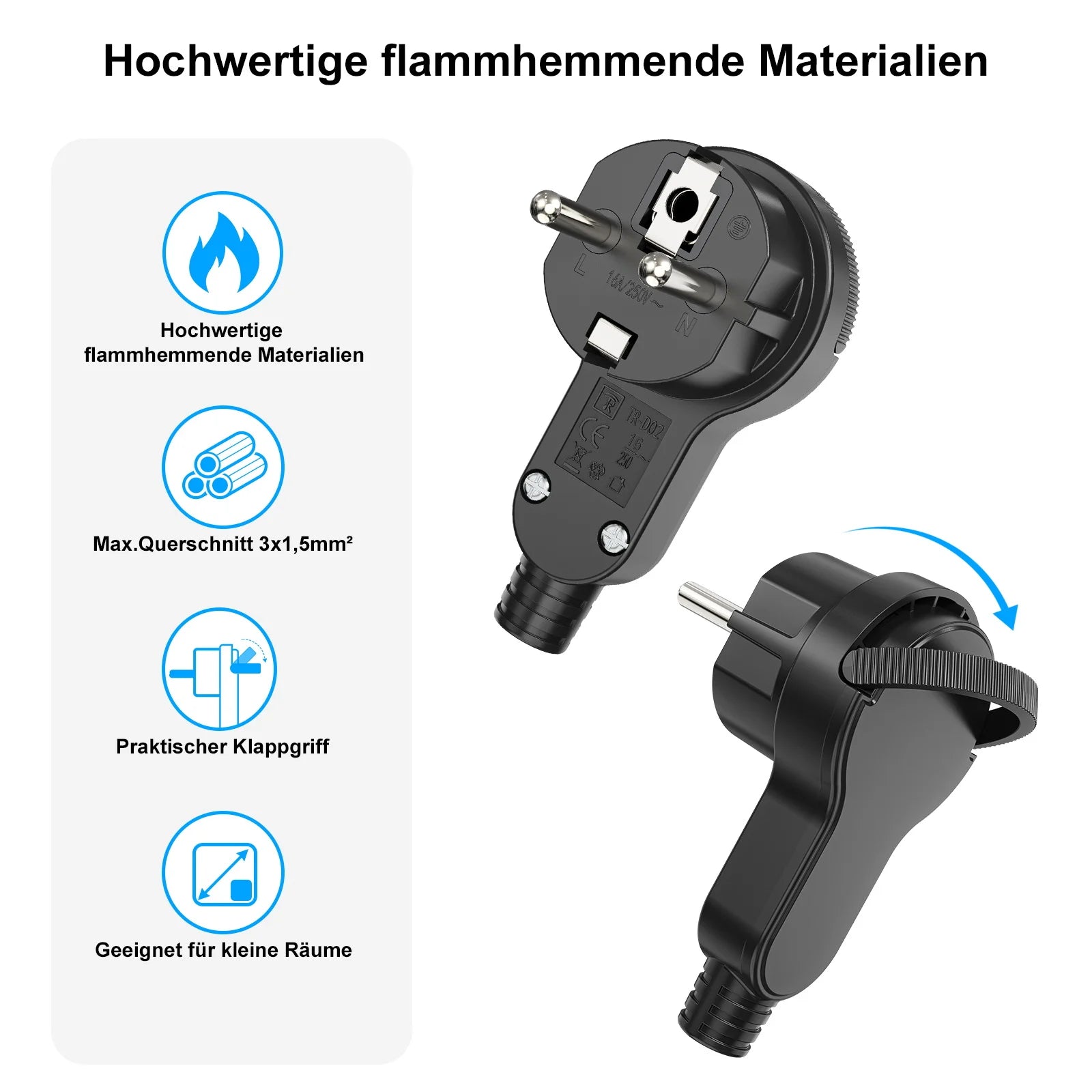 Ultra-Thin Folding Flat Plug 4000W - Space Saving Wall Power Connector - 10