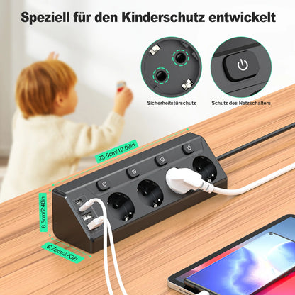 8-in-1 Corner Power Strip with USB-C & Fast Charging - 2m Extension Cord