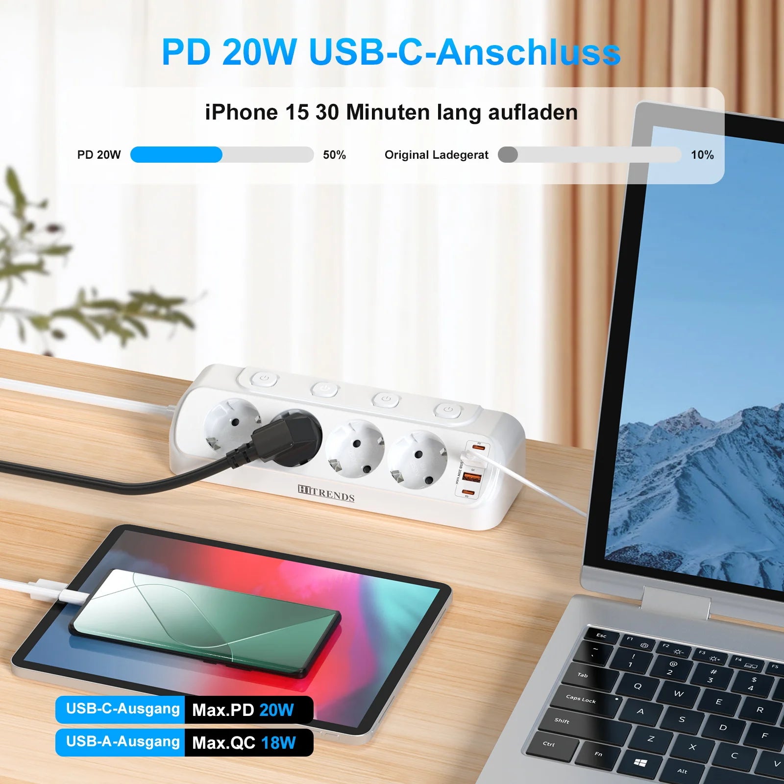 Desktop Power Strip with USB-C Fast Charging & 4 Individual Switches - 4