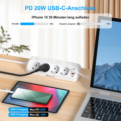 Desktop Power Strip with USB-C Fast Charging & 4 Individual Switches