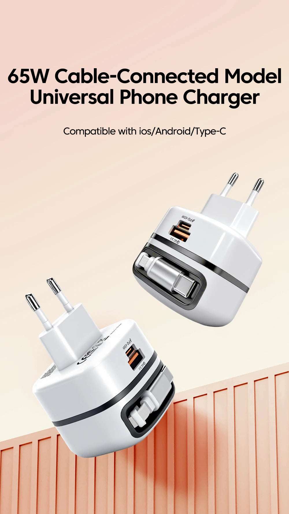 65W Fast USB-C Charger & Retractable Cable Adapter for Laptop and Phone - 7