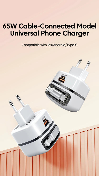 65W Fast USB-C Charger & Retractable Cable Adapter for Laptop and Phone