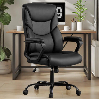 Ergonomic PU Leather Office Desk Chair with Flip-Up Arms & Lumbar Support