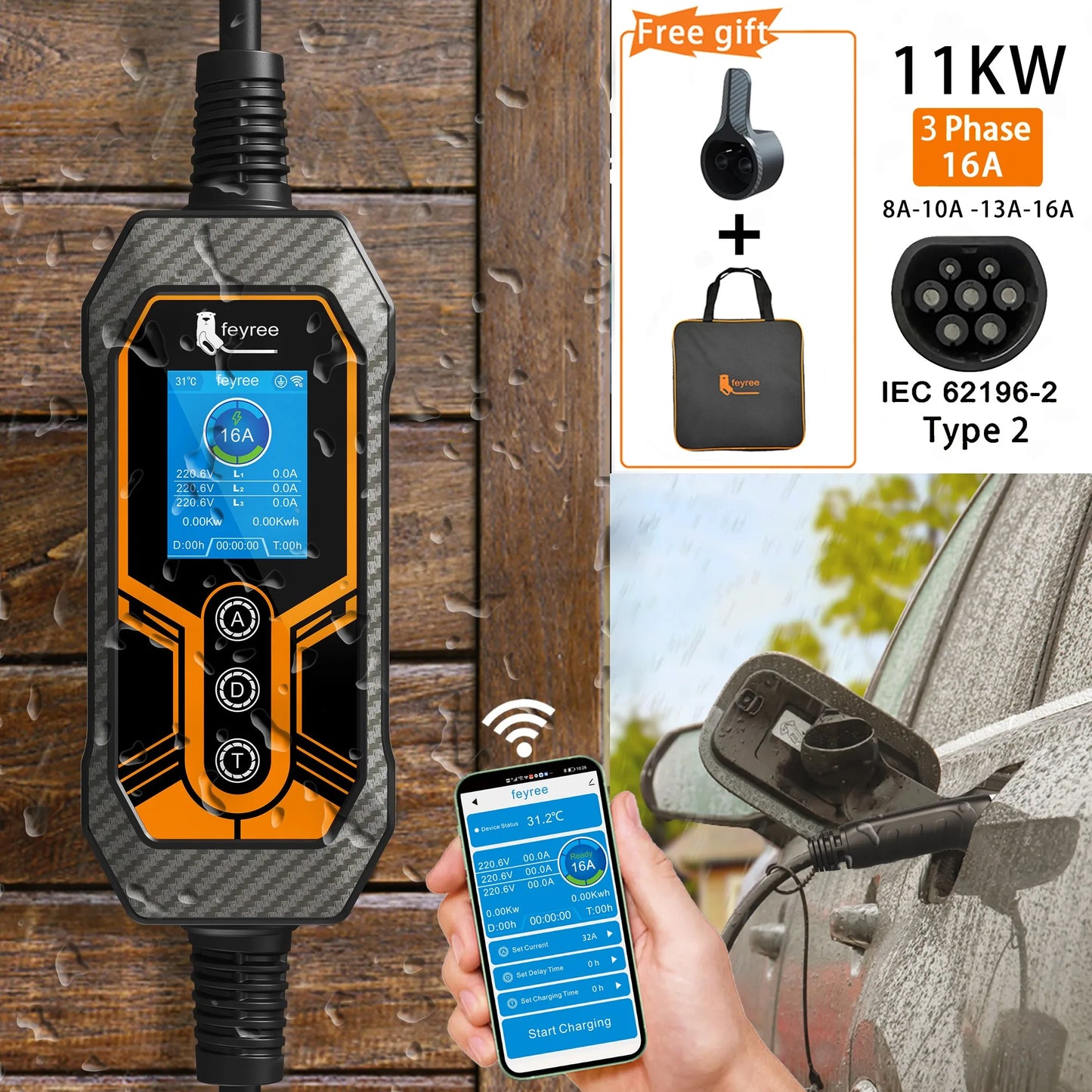 11KW Portable Type 2 EV Charger - Smart App Control & Adjustable Current