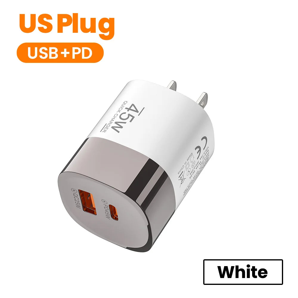 45W Dual Port USB-C & USB-A Fast Wall Charger for iPhone, Samsung, Huawei - 18