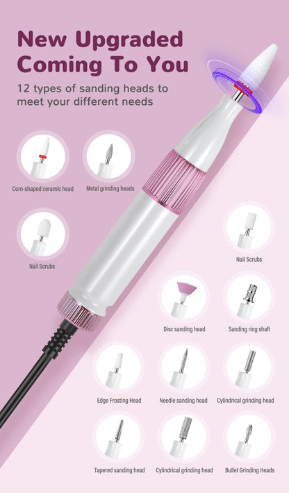 Professional Cordless Electric Nail Drill Kit with 12 Bits & LCD Display